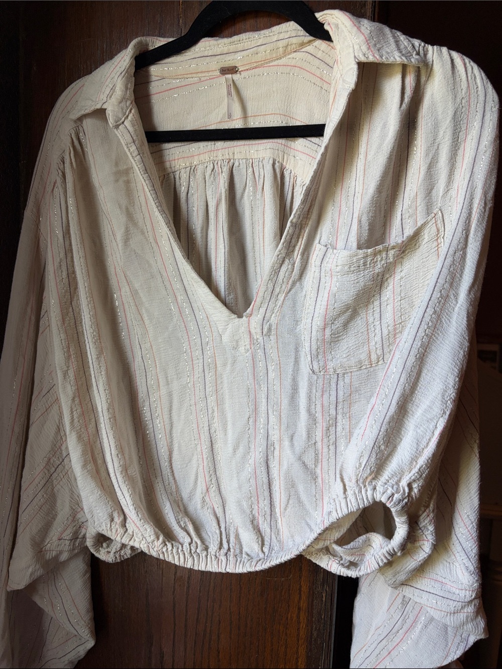 Free People blouse Cream Stripe V-Neck Peasant Top size s